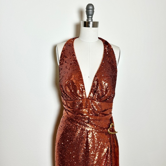 Halston Heritage Dresses & Skirts - NWT Halston Copper Sequin Halter V Gown Dress Heart Buckle Sleeveless Size 14